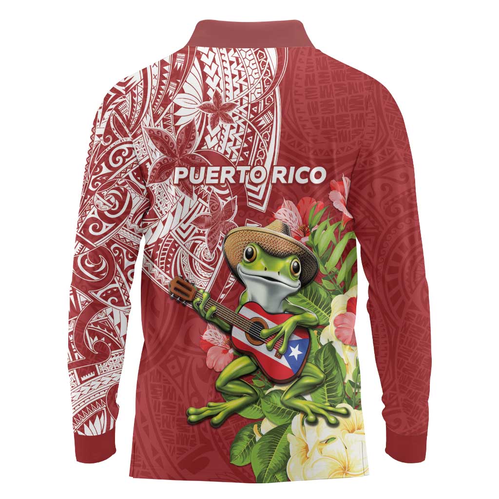 Puerto Rico Coqui Frog Long Sleeve Polo Shirt Tropical Flowers Polynesian Style - Wonder Print Shop