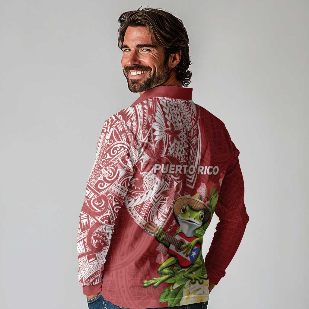 Puerto Rico Coqui Frog Long Sleeve Polo Shirt Tropical Flowers Polynesian Style - Wonder Print Shop