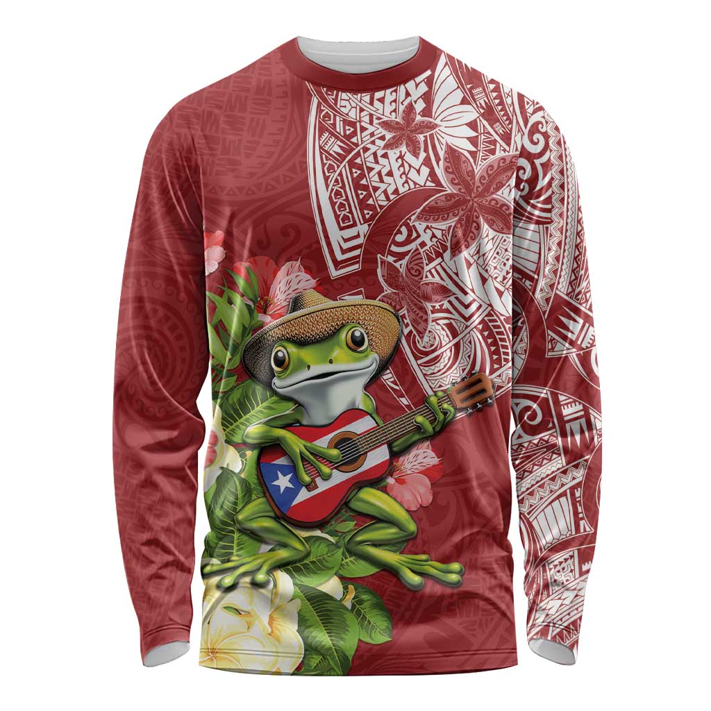 Puerto Rico Coqui Frog Long Sleeve Shirt Tropical Flowers Polynesian Style - Wonder Print Shop