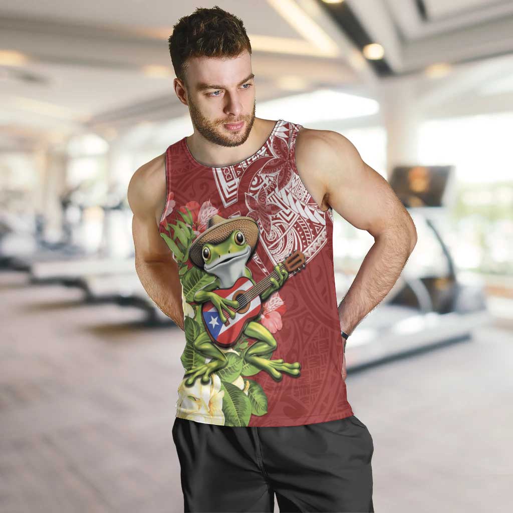 Puerto Rico Coqui Frog Men Tank Top Tropical Flowers Polynesian Style - Wonder Print Shop