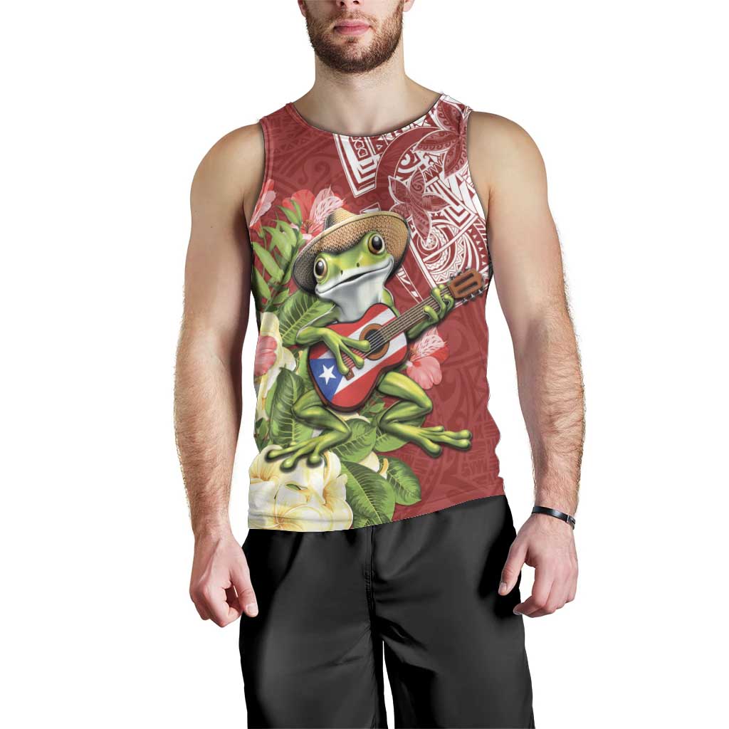Puerto Rico Coqui Frog Men Tank Top Tropical Flowers Polynesian Style - Wonder Print Shop