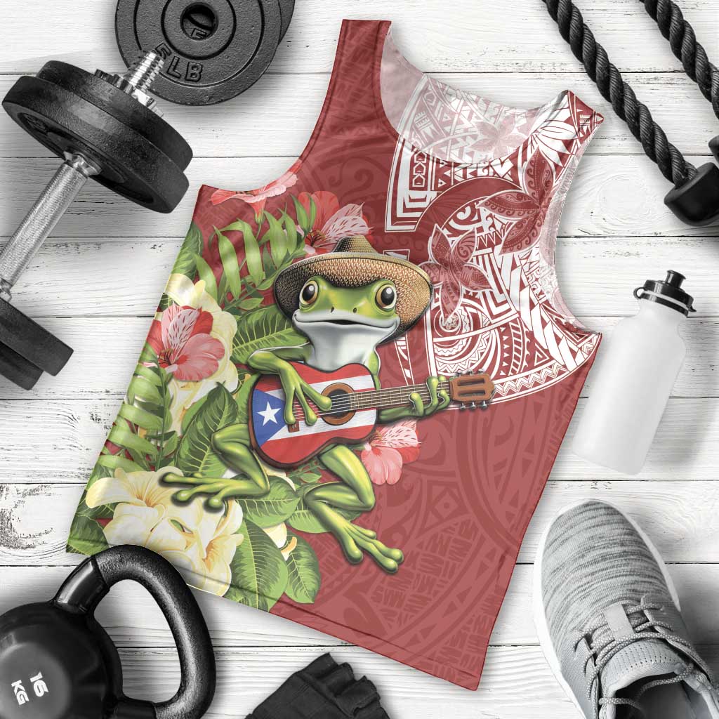 Puerto Rico Coqui Frog Men Tank Top Tropical Flowers Polynesian Style - Wonder Print Shop