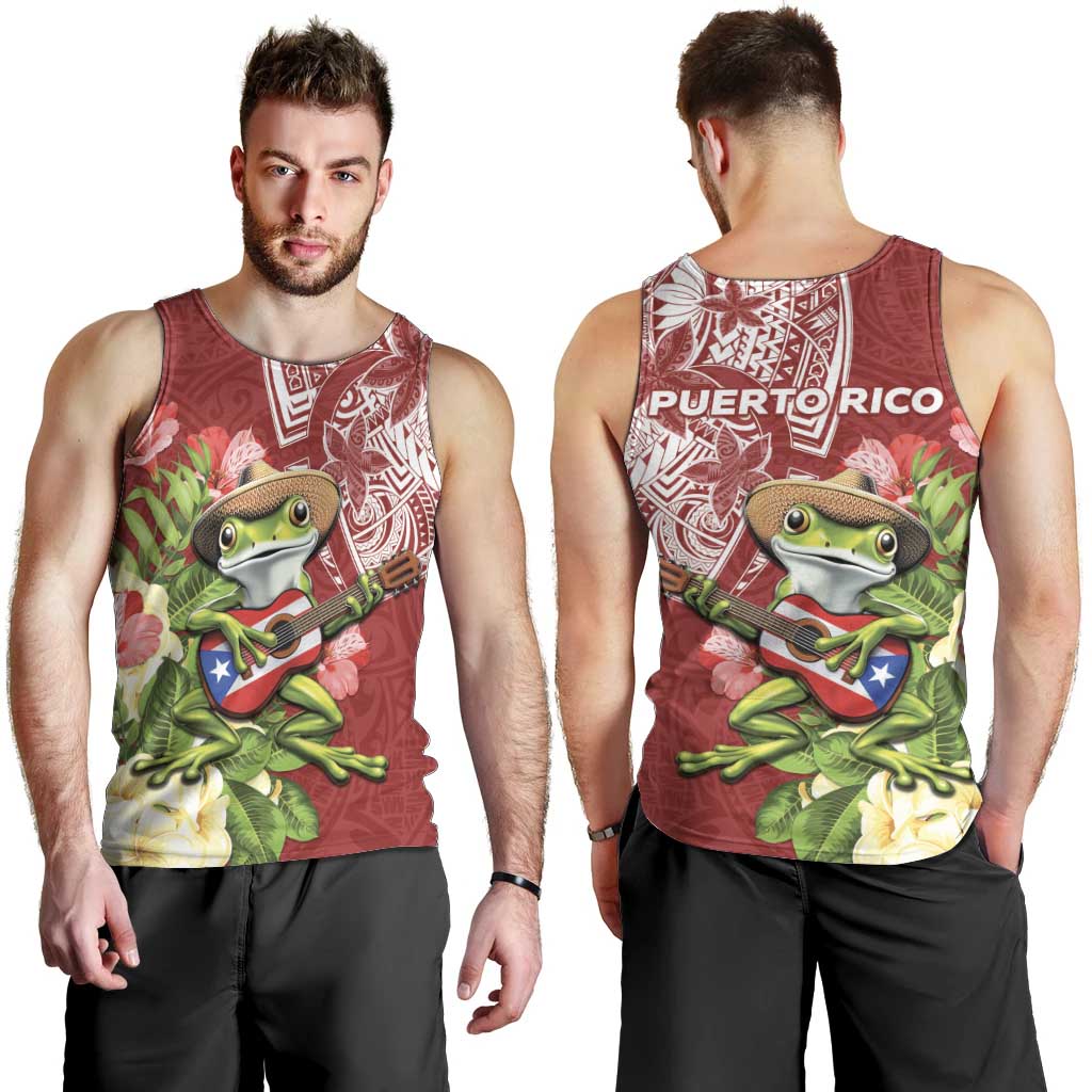 Puerto Rico Coqui Frog Men Tank Top Tropical Flowers Polynesian Style - Wonder Print Shop