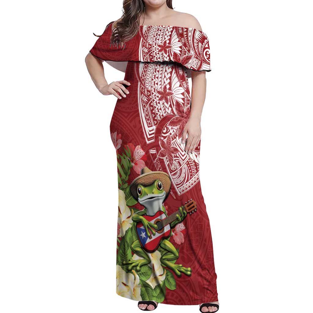 Puerto Rico Coqui Frog Off Shoulder Maxi Dress Tropical Flowers Polynesian Style - Wonder Print Shop