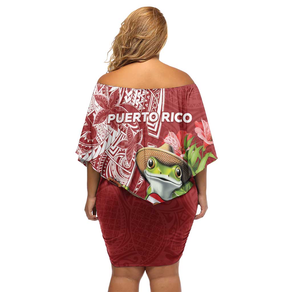 Puerto Rico Coqui Frog Off Shoulder Short Dress Tropical Flowers Polynesian Style - Wonder Print Shop