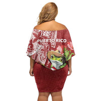 Puerto Rico Coqui Frog Off Shoulder Short Dress Tropical Flowers Polynesian Style - Wonder Print Shop