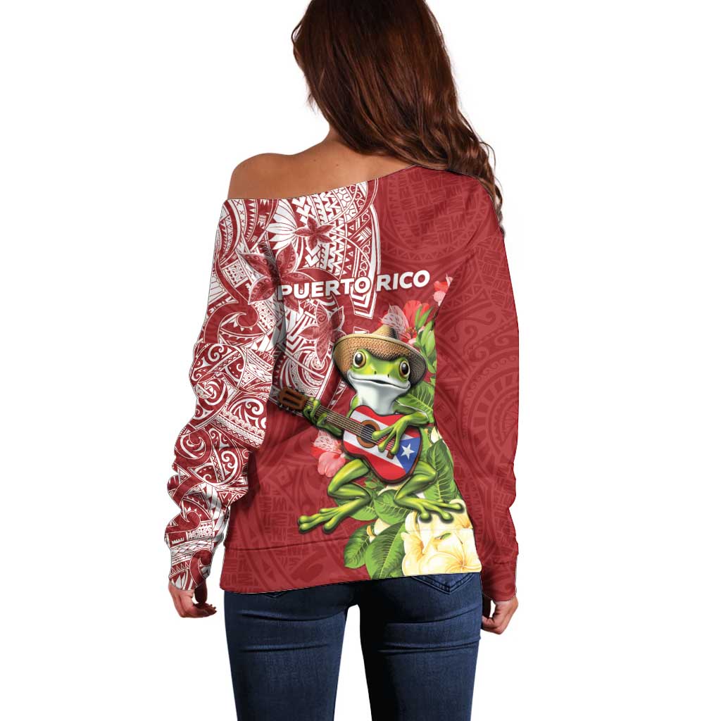 Puerto Rico Coqui Frog Off Shoulder Sweater Tropical Flowers Polynesian Style - Wonder Print Shop