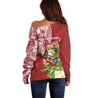 Puerto Rico Coqui Frog Off Shoulder Sweater Tropical Flowers Polynesian Style - Wonder Print Shop