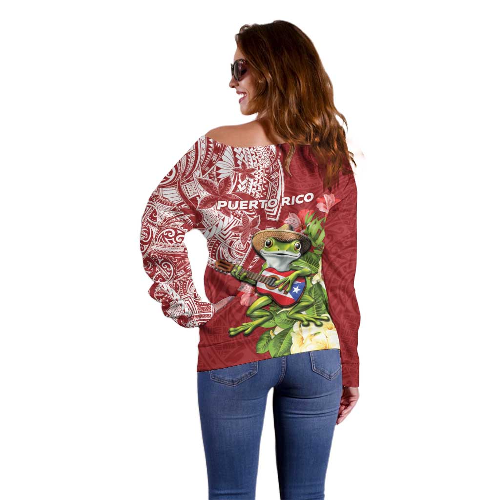 Puerto Rico Coqui Frog Off Shoulder Sweater Tropical Flowers Polynesian Style - Wonder Print Shop