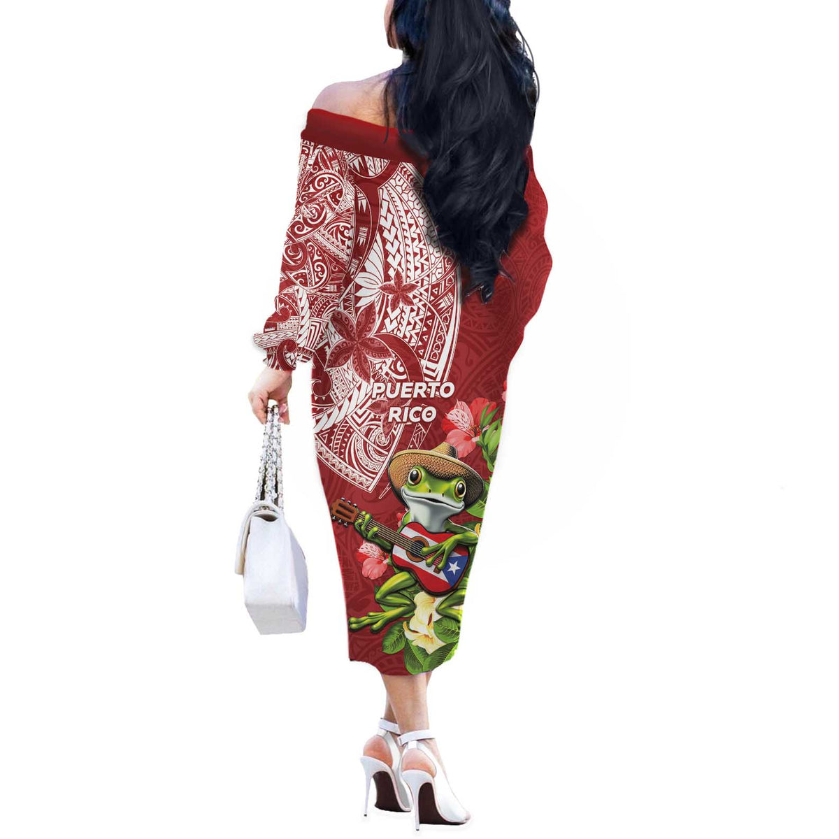Puerto Rico Coqui Frog Off The Shoulder Long Sleeve Dress Tropical Flowers Polynesian Style - Wonder Print Shop