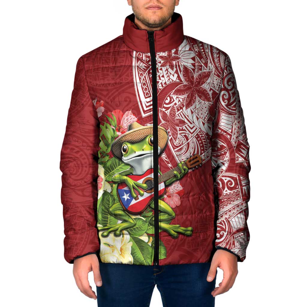 Puerto Rico Coqui Frog Padded Jacket Tropical Flowers Polynesian Style - Wonder Print Shop