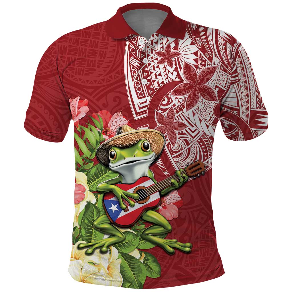 Puerto Rico Coqui Frog Polo Shirt Tropical Flowers Polynesian Style - Wonder Print Shop