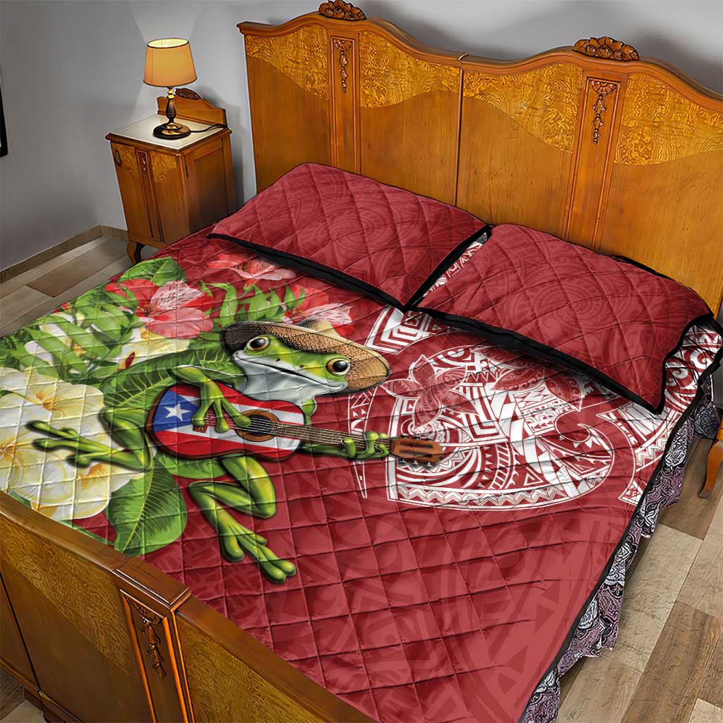 Puerto Rico Coqui Frog Quilt Bed Set Tropical Flowers Polynesian Style - Wonder Print Shop
