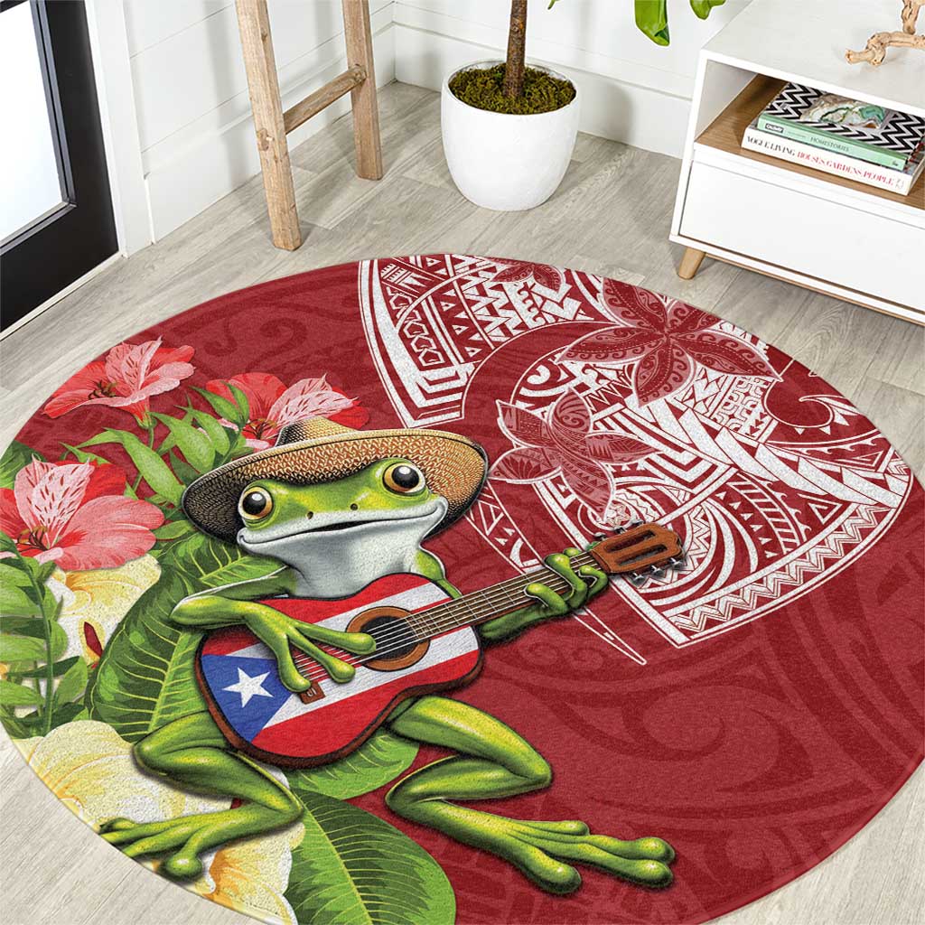 Puerto Rico Coqui Frog Round Carpet Tropical Flowers Polynesian Style - Wonder Print Shop