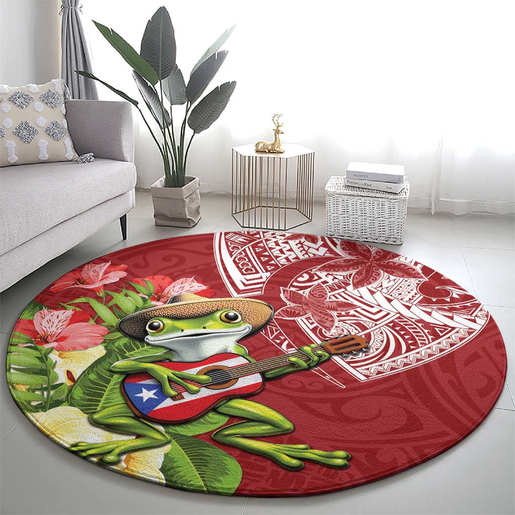 Puerto Rico Coqui Frog Round Carpet Tropical Flowers Polynesian Style - Wonder Print Shop