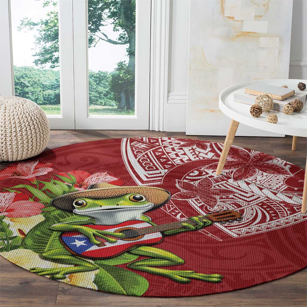 Puerto Rico Coqui Frog Round Carpet Tropical Flowers Polynesian Style - Wonder Print Shop