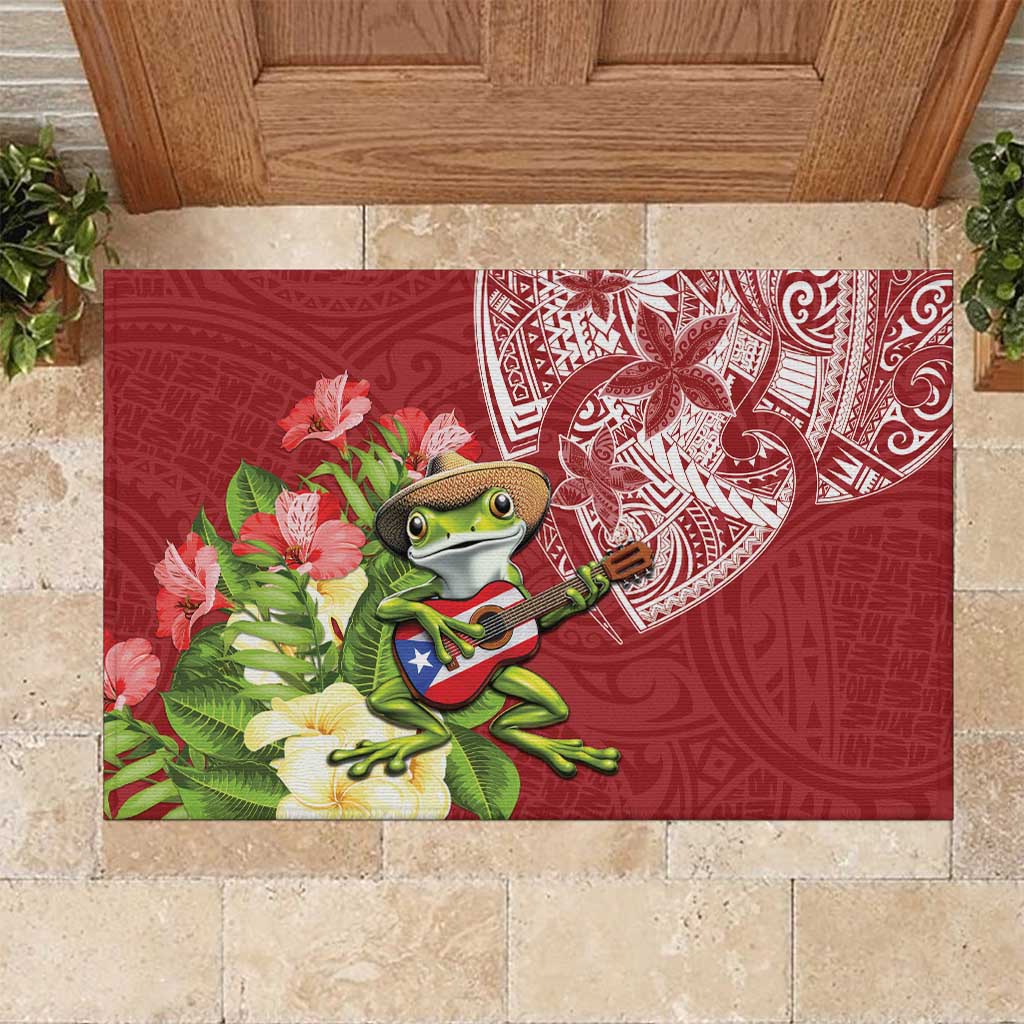 Puerto Rico Coqui Frog Rubber Doormat Tropical Flowers Polynesian Style - Wonder Print Shop