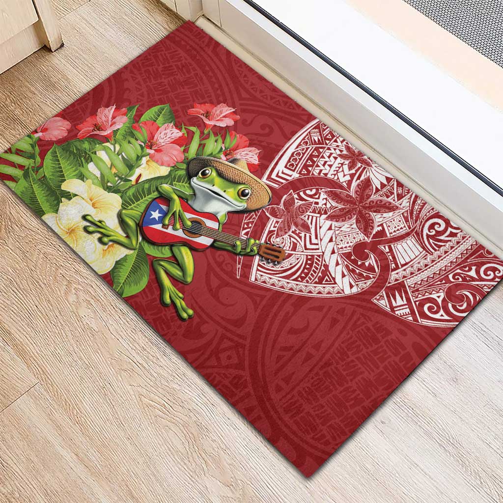 Puerto Rico Coqui Frog Rubber Doormat Tropical Flowers Polynesian Style - Wonder Print Shop