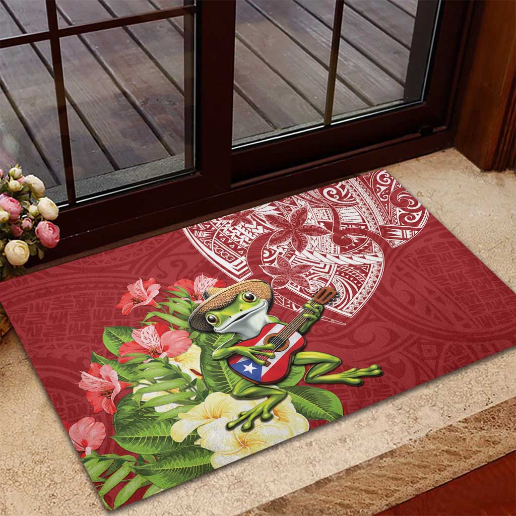 Puerto Rico Coqui Frog Rubber Doormat Tropical Flowers Polynesian Style - Wonder Print Shop