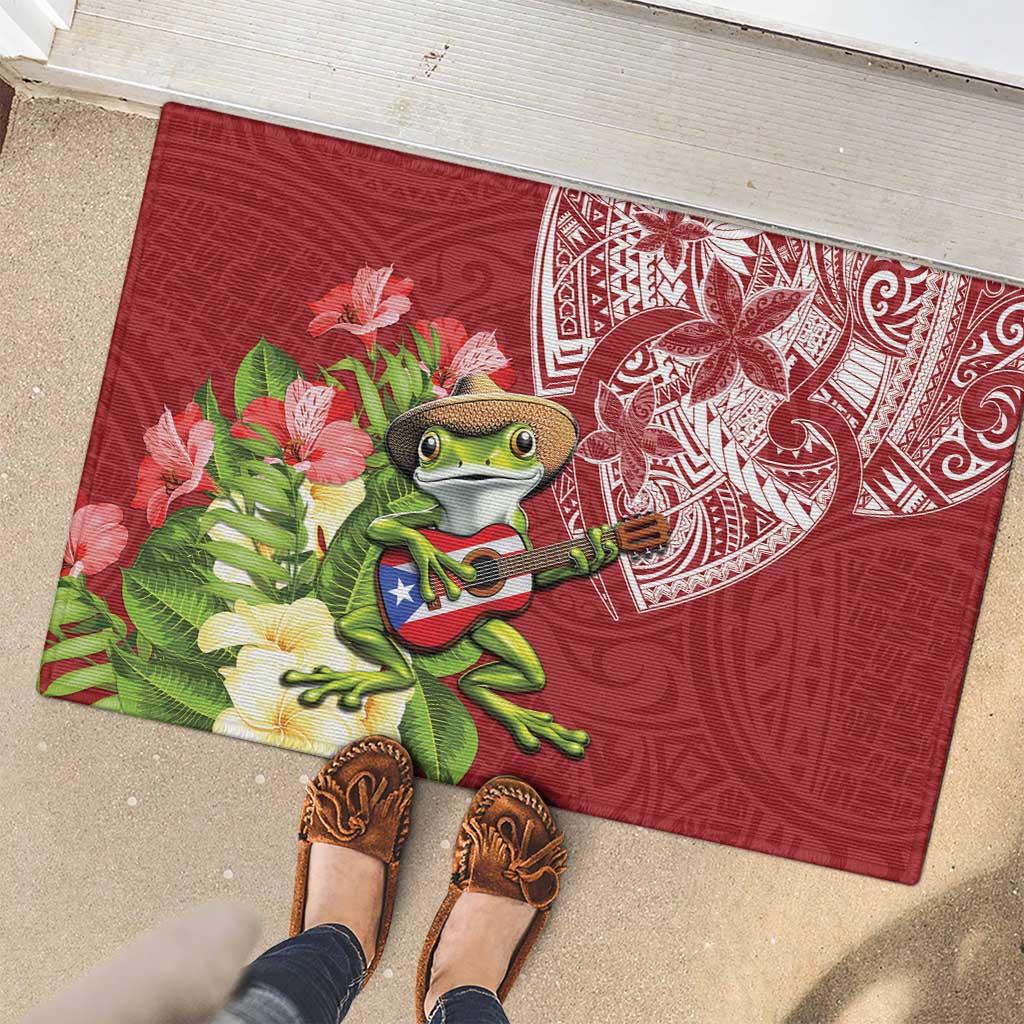 Puerto Rico Coqui Frog Rubber Doormat Tropical Flowers Polynesian Style - Wonder Print Shop