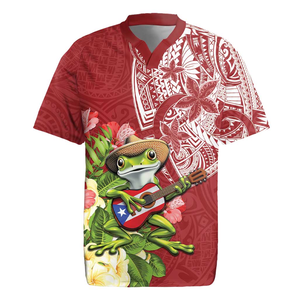 Puerto Rico Coqui Frog Rugby Jersey Tropical Flowers Polynesian Style - Wonder Print Shop