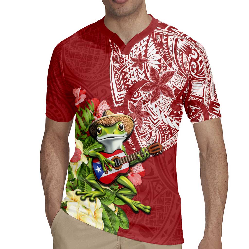 Puerto Rico Coqui Frog Rugby Jersey Tropical Flowers Polynesian Style - Wonder Print Shop