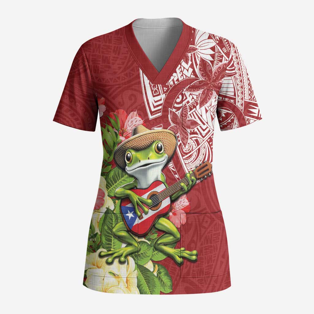 Puerto Rico Coqui Frog Scrub Top Tropical Flowers Polynesian Style - Wonder Print Shop