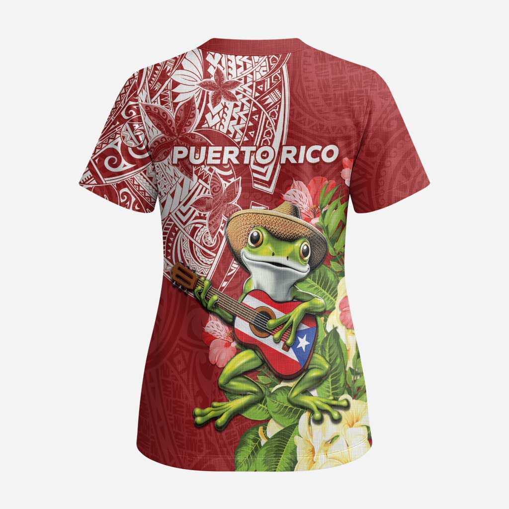 Puerto Rico Coqui Frog Scrub Top Tropical Flowers Polynesian Style - Wonder Print Shop