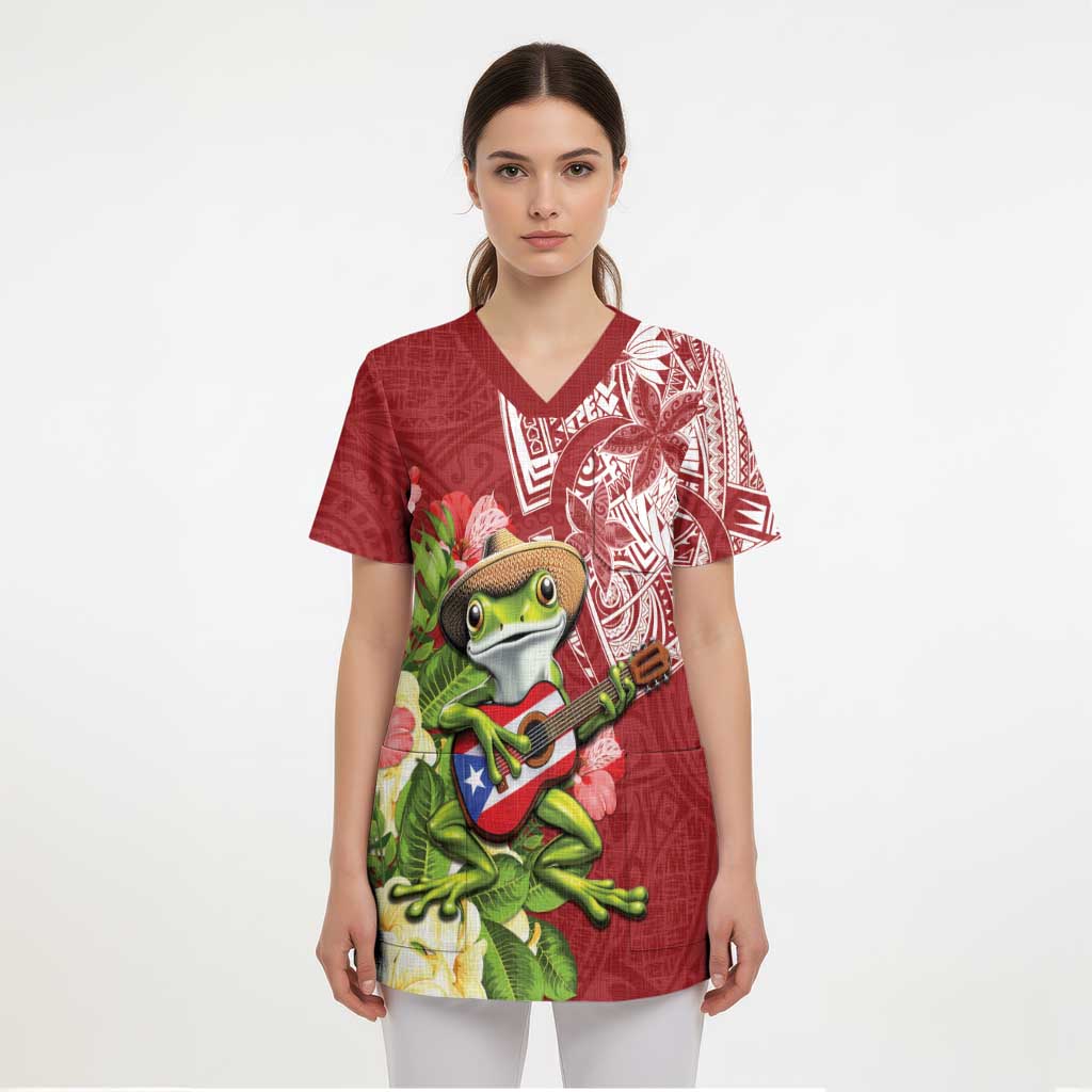 Puerto Rico Coqui Frog Scrub Top Tropical Flowers Polynesian Style - Wonder Print Shop