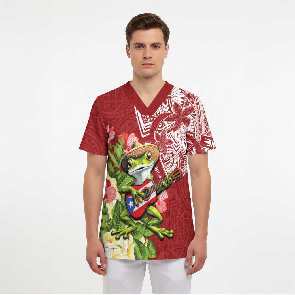 Puerto Rico Coqui Frog Scrub Top Tropical Flowers Polynesian Style - Wonder Print Shop