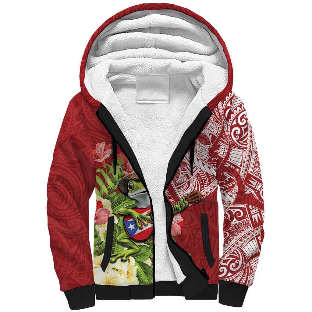 Puerto Rico Coqui Frog Sherpa Hoodie Tropical Flowers Polynesian Style - Wonder Print Shop