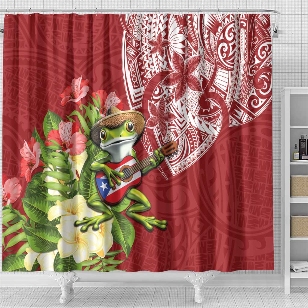 Puerto Rico Coqui Frog Shower Curtain Tropical Flowers Polynesian Style - Wonder Print Shop