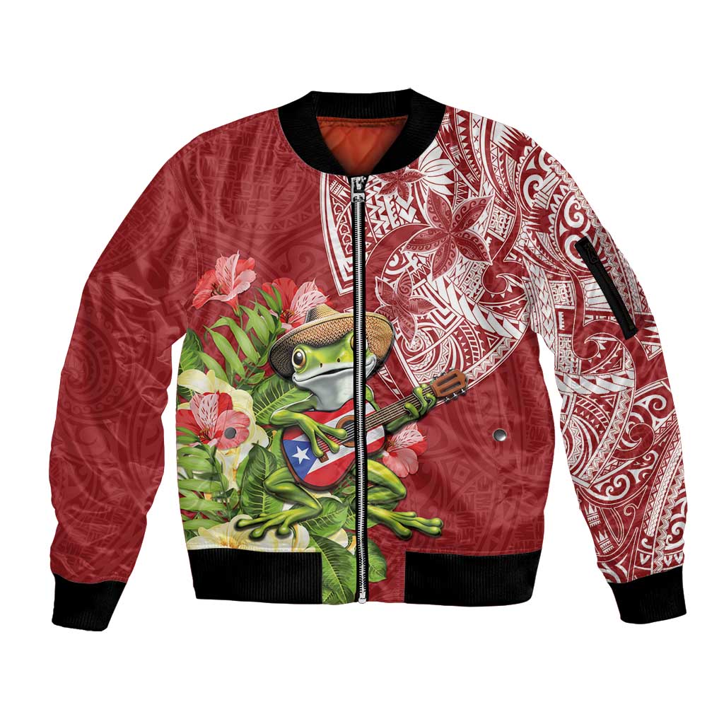 Puerto Rico Coqui Frog Sleeve Zip Bomber Jacket Tropical Flowers Polynesian Style - Wonder Print Shop