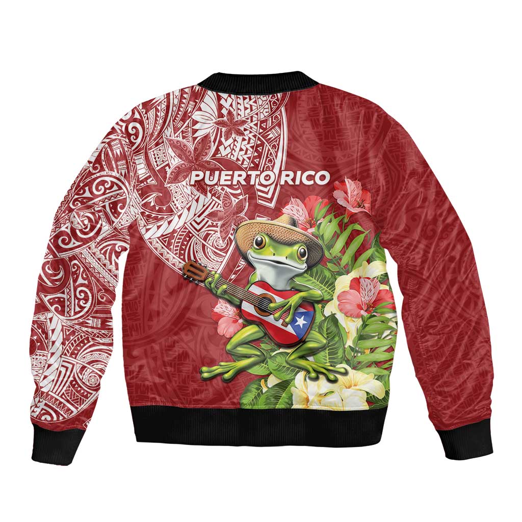 Puerto Rico Coqui Frog Sleeve Zip Bomber Jacket Tropical Flowers Polynesian Style - Wonder Print Shop