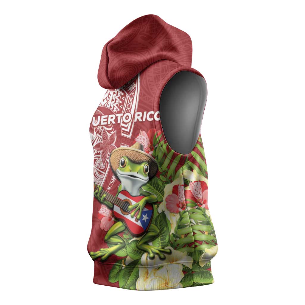 Puerto Rico Coqui Frog Sleeveless Hoodie Tropical Flowers Polynesian Style - Wonder Print Shop