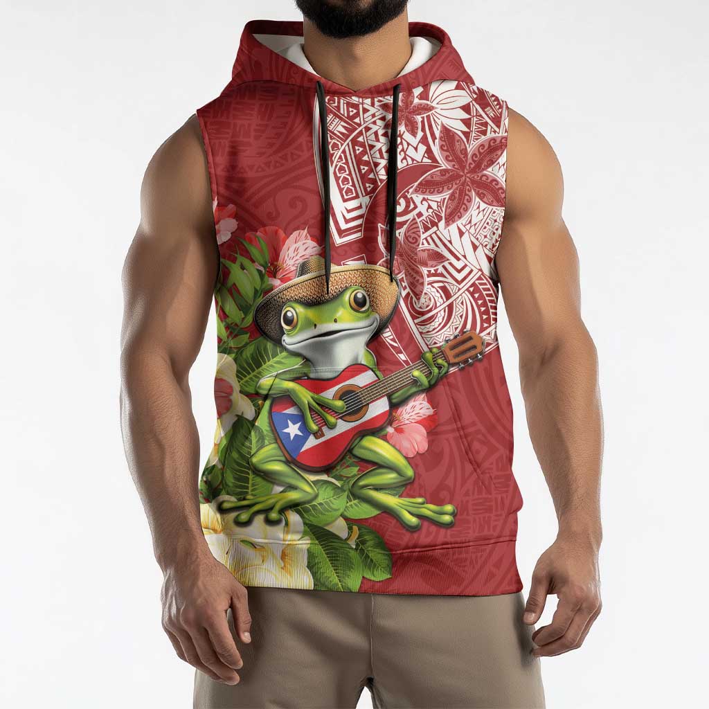 Puerto Rico Coqui Frog Sleeveless Hoodie Tropical Flowers Polynesian Style - Wonder Print Shop