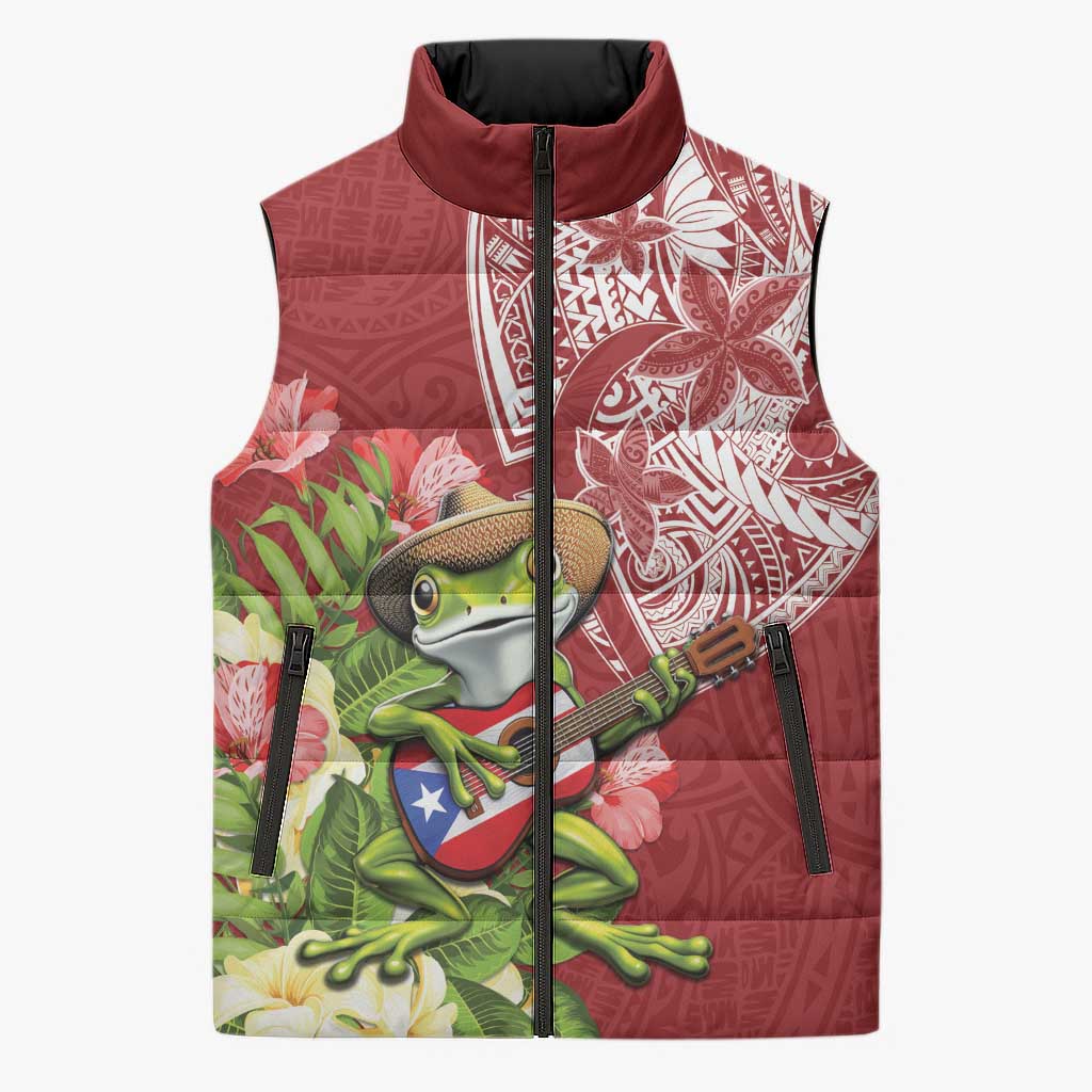 Puerto Rico Coqui Frog Sleeveless Puffer Jacket Tropical Flowers Polynesian Style - Wonder Print Shop