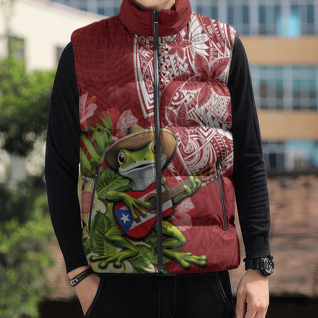 Puerto Rico Coqui Frog Sleeveless Puffer Jacket Tropical Flowers Polynesian Style - Wonder Print Shop