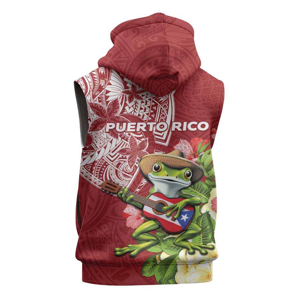 Puerto Rico Coqui Frog Sleeveless Zip Hoodie Tropical Flowers Polynesian Style - Wonder Print Shop