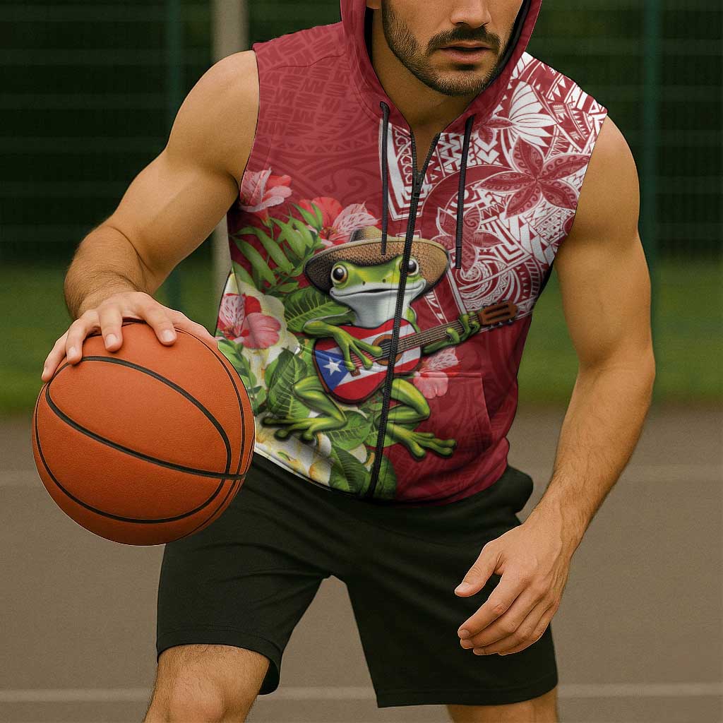 Puerto Rico Coqui Frog Sleeveless Zip Hoodie Tropical Flowers Polynesian Style - Wonder Print Shop