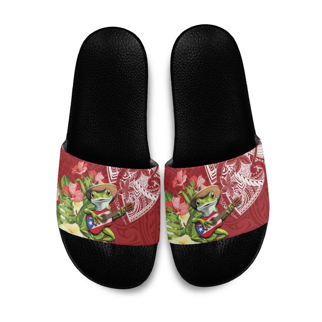 Puerto Rico Coqui Frog Slide Sandals Tropical Flowers Polynesian Style - Wonder Print Shop