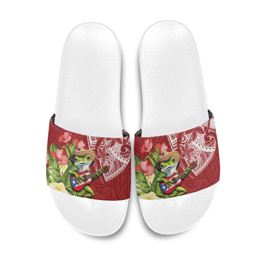 Puerto Rico Coqui Frog Slide Sandals Tropical Flowers Polynesian Style - Wonder Print Shop
