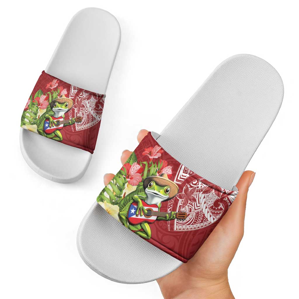 Puerto Rico Coqui Frog Slide Sandals Tropical Flowers Polynesian Style - Wonder Print Shop