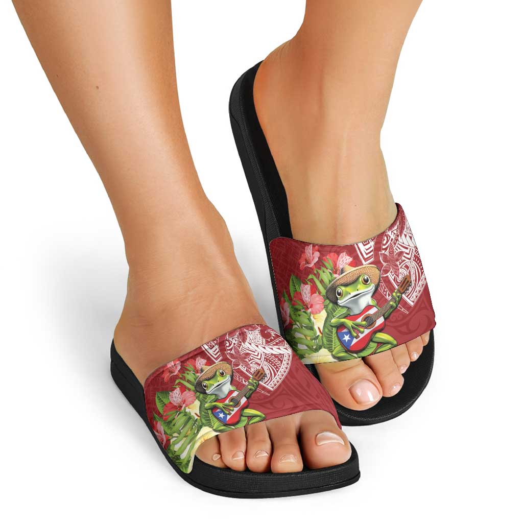 Puerto Rico Coqui Frog Slide Sandals Tropical Flowers Polynesian Style - Wonder Print Shop