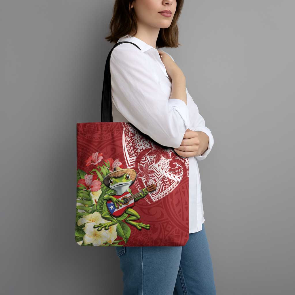 Puerto Rico Coqui Frog Tote Bag Tropical Flowers Polynesian Style - Wonder Print Shop