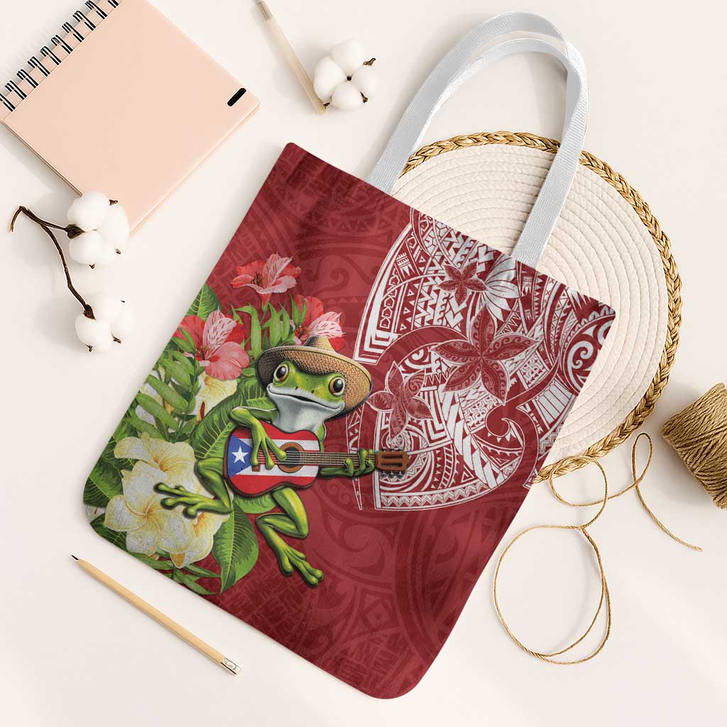 Puerto Rico Coqui Frog Tote Bag Tropical Flowers Polynesian Style - Wonder Print Shop
