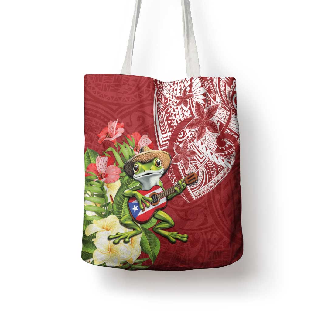 Puerto Rico Coqui Frog Tote Bag Tropical Flowers Polynesian Style - Wonder Print Shop