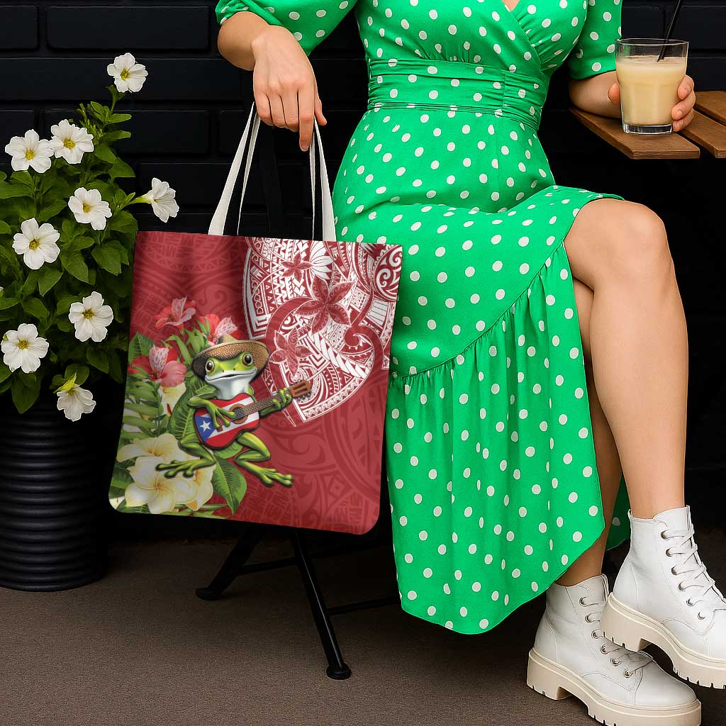 Puerto Rico Coqui Frog Tote Bag Tropical Flowers Polynesian Style - Wonder Print Shop