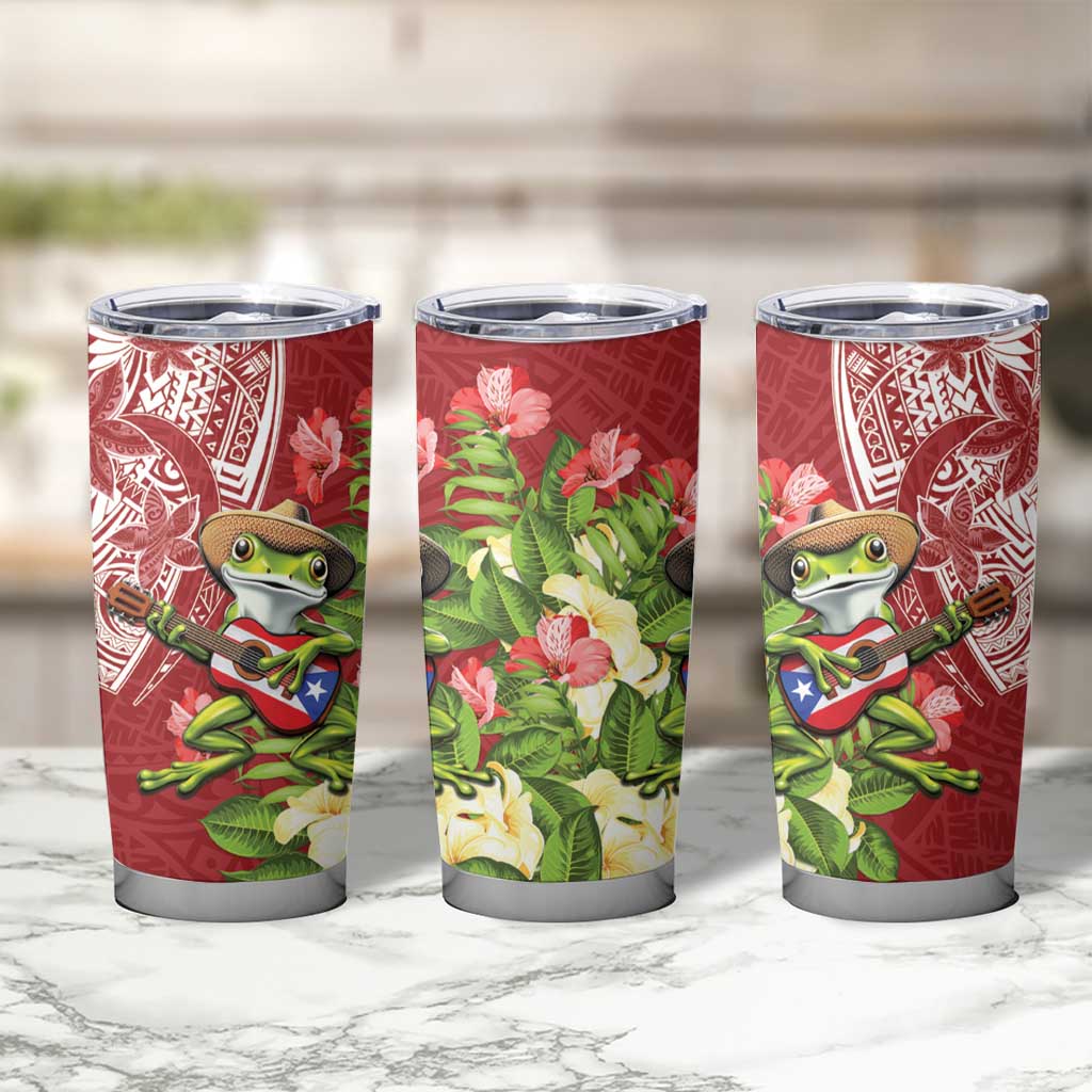 Puerto Rico Coqui Frog Tumbler Cup Tropical Flowers Polynesian Style - Wonder Print Shop