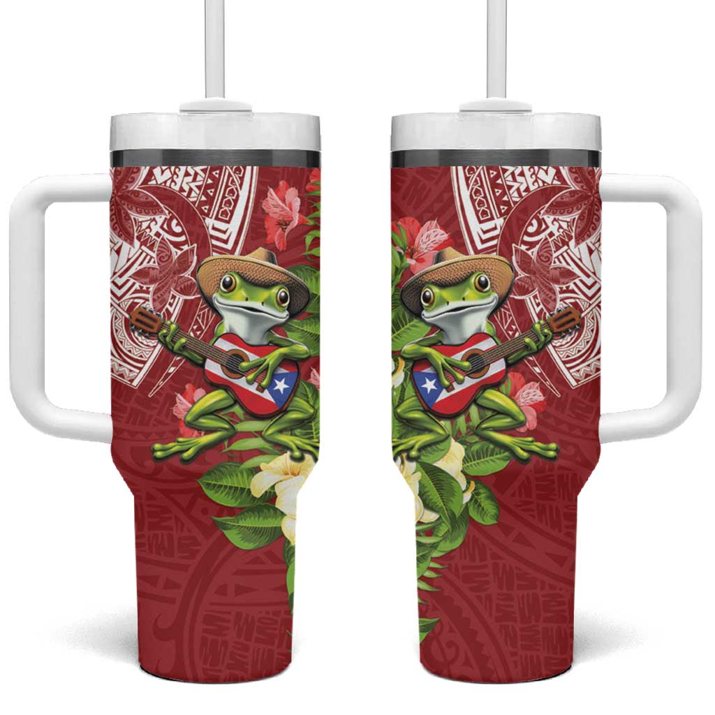 Puerto Rico Coqui Frog Tumbler With Handle Tropical Flowers Polynesian Style - Wonder Print Shop